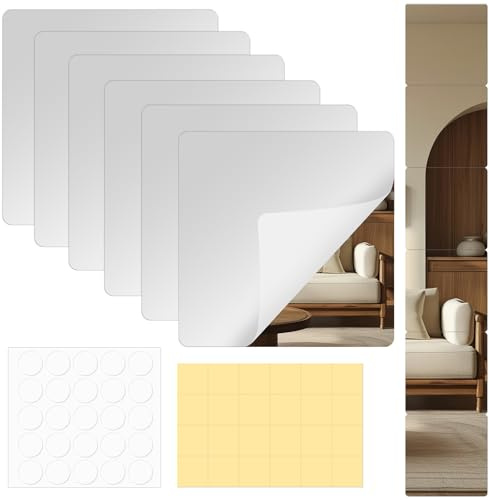 6 Pcs Mirror Tiles Self Adhesive Mirror Stickers 20x20cm (2mm Thick) | Self Adhesive Mirror Tiles, Mirror Tile, Plastic Acrylic Stick on Mirror Sheet for Wall Wardrobe Doors Bedroom Bathroom
