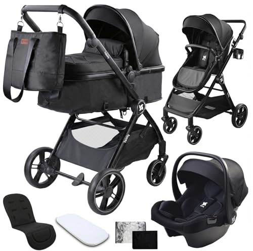 Twinly Carrito de Bebe 3 en 1 – Carro Bebe 3 Piezas Convertible con Grupo 0 (i-Size), Capazo y Silla de Paseo – FABULY – Plegable y Ligero con Bolso, Plástico Lluvia y saco – (Negro)