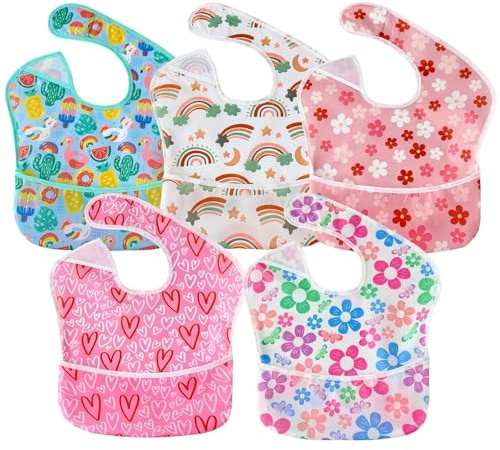 PandaEar 5-pack Baby haklappar vattentäta, justerbara haklappar för spädbarn och småbarn 6–24 månader, lätt mjuk haklapp med uppsamlingsficka för pojkar och flickor, ROSA, Baby-Lätzchen