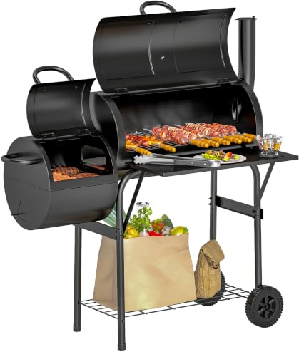 Barbecue au charbon Outsunny avec cheminée, tablette latérale pliable, grille de réchauffage, tablette inférieure, couvercle, thermomètre, roulettes pour cuisiner en plein air lors de garden-parties,