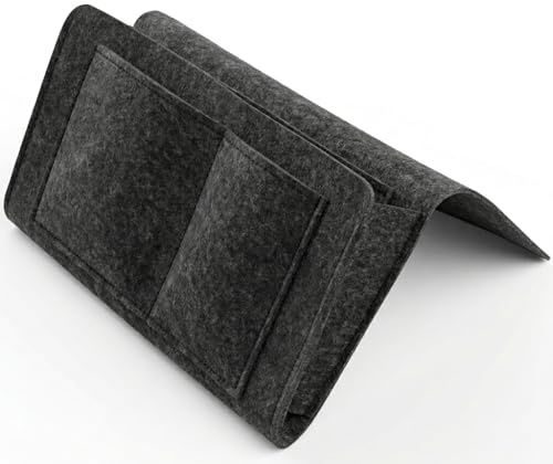 Bett Organizer zum Einhängen Filz Betttasche, 20×32cm Nachttisch zum Einhängen Sofa Organizer, Aufbewahrungstasche für Handy Buch Fernbedienung, Rutschfest Hängetasche fürs Schlafzimmer(Schwarz)