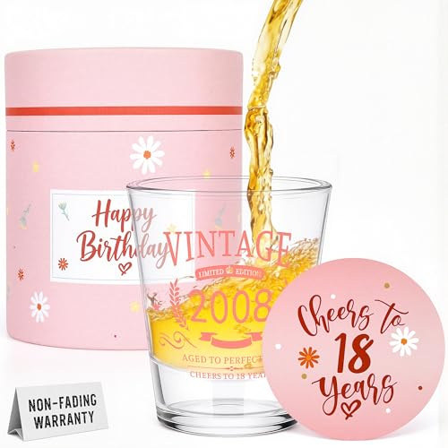 ZenDecor 18th Birthday Gifts for Girls - Limited Edition 18th Birthday Shot Glass Set, Vintage 2008 Cheers to 18 Years, Personalised Shot Glass for Girl Sister Daughter Friends 18 Year Old Girl Gifts