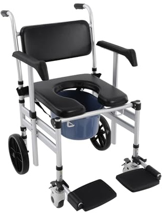 Justerbar toalettrullstol för seniorer, sitthöjd 46–54 cm, vikbar duschstol med handfat, halkfri rullstol med hjul, duschsits badrum, toalettstol för äldre, 150 kg (U-platta)