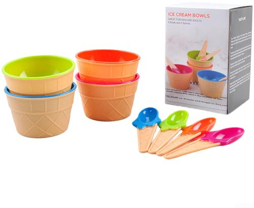 Startbuymore Set of 4 Ice Cream Bowls and Spoons Set With Matching Spoons, Wafer Design Ice Cream Cones For Portion Control And Fun Presentation Of Treats And Sweet Snacks
