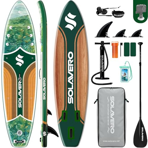 SOLAVERO Aufblasbares Stand Up Paddling Board 335 x 86 x 15 cm, bis 200 kg | SUP Board Set mit Komplettset, Paddel, Finnen & Luftpumpe, PVC Stand Up Paddle für Erwachsene, Familien und Anfänger