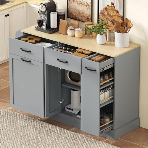 Huayz Credenza da cucina con piano di lavoro, armadio a buffet, 2 ante, 4 cassetti, ripiani regolabili, con scomparto per rifiuti e portaspezie esterno, buffet da cucina per soggiorno, sala da pranzo