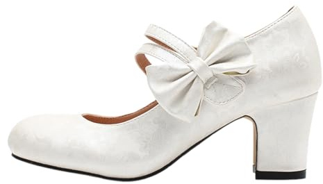 Scarpe da donna eleganti con motivo floreale in rilievo, comode scarpe da Dirndl, scarpe con tacco alto, scarpe da ballo con fiocco, scarpe da donna per Oktoberfest, bianco, 45 EU
