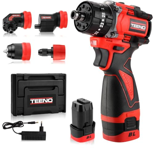 TEENO Atornillador a Batería 18V Sin Escobillas Profesional, 25+3 Velocidades, Kit de Taladro Inalámbrico, 45 Nm, 2 Velocidades, con 4 Cabezales Multifunción