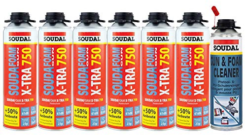 Soudal Kombi Set 6 x Soudafoam B2 X-TRA750 500ml Pistolenschaum Verfüllung Bauanschlussfugen inkl. Reiniger - gebrauchsfertig, schall- und wärmedämmend, genaue Dosierung, formstabil