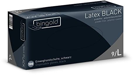 BINGOLD Einmalhandschuhe Latex BLACK, schwarz, Größe L, 10x100 (1000) Stück | Puderfreie Einweghandschuhe aus Latex für Hygiene, Pflege und Labor, schwarz, Größe L, 1000 Stück