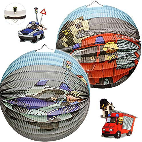 alles-meine.de GmbH 2 TLG. Set Laterne/Lampion - Feuerwehr & Polizei - Rund - aus Papier - für Kinder - Papierlaterne - Lampe - Laternen Lampions - Figur - für Laternenumzug ..