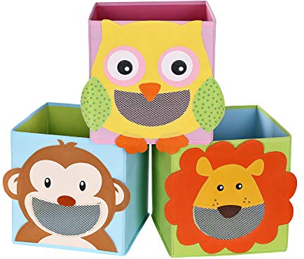 SONGMICS Storage Box Set of 3, Toy Boxes, Toy Organiser, Foldable Cubes, for Living Room, Children’s Room, Kids Playroom, 27 x 27 x 27 cm, Animal Motifs, Colourful RFB01KU