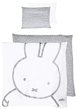 roba Babybettwäsche miffy 80 x 80 cm - Bettwäsche Set 2 teilig - Hasen Motiv - Baby Wendebettwäsche aus Baumwolle - Bettbezug 80x80 & Kissenbezug 40x35 cm - Weiß / Grau