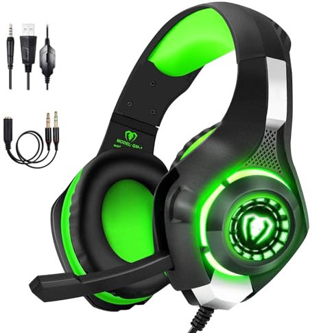 BlueFire Gaming Headset für PS4, Gaming Kopfhörer mit 3,5 mm Klinkenstecker LED und Mikrofon, Bass Stereo Audio Surround Gaming Headset für Xbox One/Xbox One S/PC/Laptop (Grün)