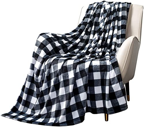 MACEVIA Flannel Fleece Throw Blanket for Couch, Buffalo Plaid Blanket Black and White, Lightweight Cozy Soft Blanket for Bed Sofa 260GSM, Suitable for All Seasons (White Black Checkered,60x50inches)