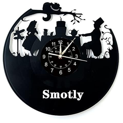 Smotly Horloge murale en forme de disque vinyle, horloge de dessin animé Alice au pays des merveilles, horloge murale familiale faite à la main (crochet cadeau)
