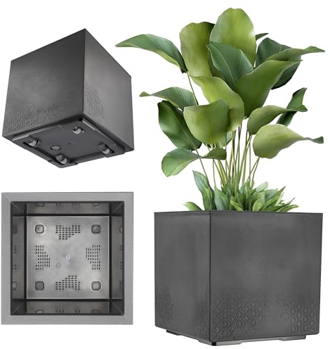KADAX Maceta de Plástico Cuadrada Con Ruedas, 39x39cm, 7 Colores, Jardinera Con Drenaje de Corcho (Negro, Aspecto de Hormigón)