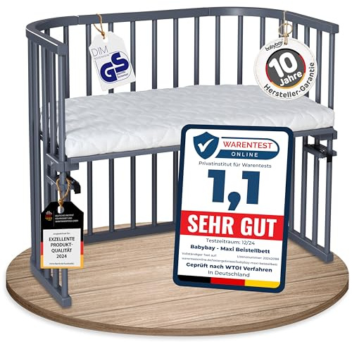 babybay Maxi extra großes Beistellbett aus massivem Buchenholz / Kinderbett Höhe stufenlos verstellbar & umweltfreundlich / mit Matratze Classic Soft (schiefergrau lackiert)