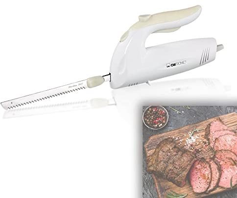 bmf-versand® Cuchillo eléctrico para carne y pan con doble hoja de acero inoxidable, incluye paño de cuidado, cuchillo electrónico, potente motor de 150 W, silencioso, apto para lavavajillas,