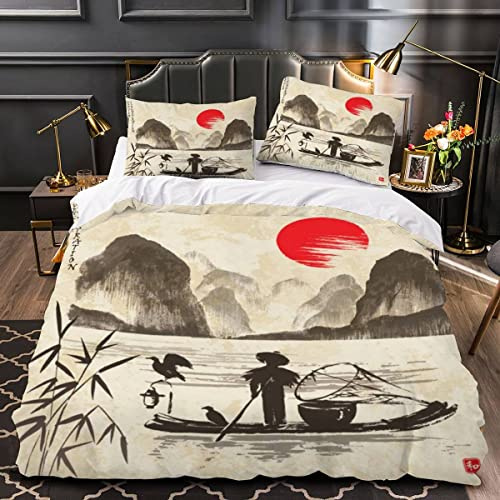 Housse De Couette 140x200 Fille Garcon 3D Peinture De Paysage Parure de Lit 1 Personne Soleil Pêcheur Douce Microfibre Literie 3 pièces avec Fermeture Éclair et 2 Taies d'oreiller 50x75cm