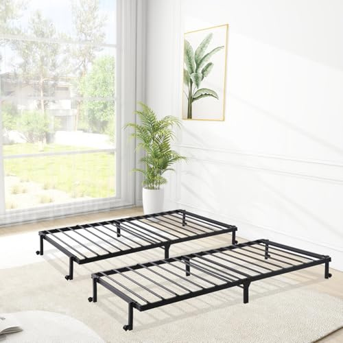 FetiNes Cama plegable de 90 x 190 cm, marco de cama individual, somier de láminas sin montaje, cama de metal para invitados con 4 ruedas, color negro