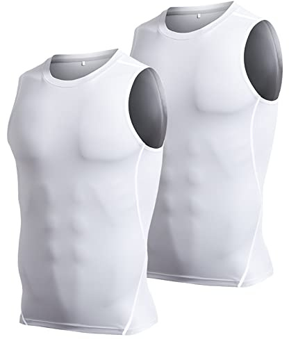Ruowuhen 2-pack kompressionströja för män, ärmlös, ventilerande tanktopp, löpartröja, sportundertröja, funktionell skjorta för män, Vit + vit, S