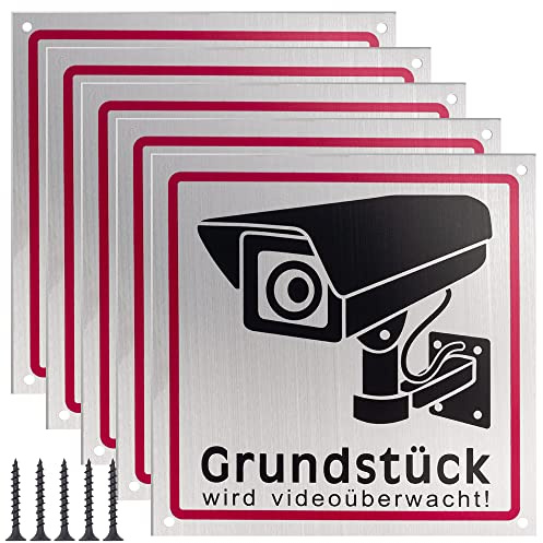 Achtung Videoüberwachung Schild 5 Stück, 15x15 cm Alu Warnschild Kamera Überwachung, Achtung Videoüberwachung für Privatgrundstück, Dieser Bereich Wird Videoüberwacht Alu Schild
