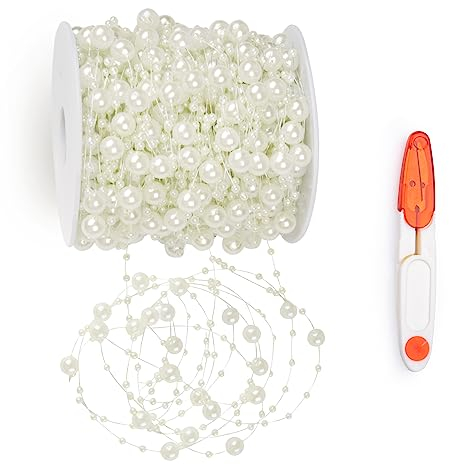 Adorfine Perlengirlande Beige 30 M, Perlenband Perlenkette Deko mit Schere für DIY Handwerk Perlengirlande Hochzeit, Brautstrauß, Tischdeko Partydekoration