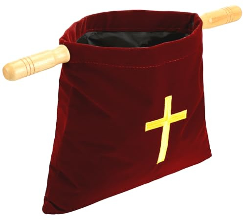Abbylike Bolsa de Terciopelo Rojo con Asas de Madera, Bolsa de ofrenda Religiosa de 10 Pulgadas, Bolsa de colección de Iglesias para Iglesias, Suministros de comunión