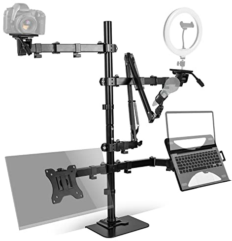 Duronic Social Media Stand SMDM10, Microphone Boom Arm, Camera Bracket Tripod, Ring Light Holder, Laptop Stand and Monitor Stand, 5-in-1 Video/Voice Broadcast Rig - Black | 5-in-1 tripod and holder for social media influencers | laptops up to 17 inches | display up to 27 inches | streamer setup