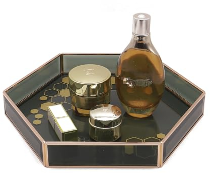 SLHEQING Deko Tablett Schwarz, Badezimmer Tablett Glas Parfüm Organizer Schlafzimmer Kosmetiktablett Vintage Schminktisch Deko