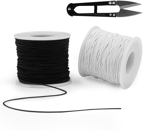 WEXFFU Gummiband für Armbänder Reißfest,Elastisches Band für Armbänder | 1mm*100m Armband Gummiband Elastisch,Faden für Armbänder,DIY Perlenschnur mit Schere(Schwarz, Weiß)