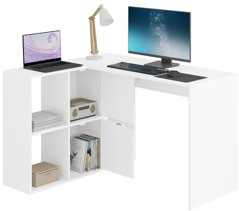 eSituro Schreibtisch L-Form, Eckschreibtisch mit Regalen, Weiß, 120x100x75 cm, Computertisch Bürotisch PC Tisch mit Ablagen, für Arbeitszimmer Wohnzimmer Schlafzimmer