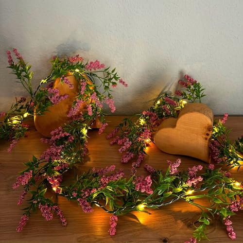 Blumengirlande mit LED-Lichterkette und Timer aus künstlichen rosa Blütenperlen - Deko Kunstblumen, Pflanzen für Frühling und Sommer
