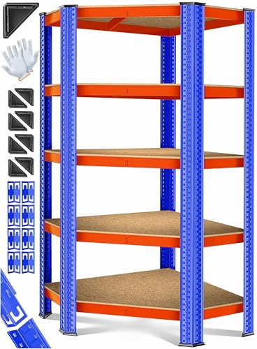 MASKO® Étagère d'angle pour Charges Lourdes, 180 x 75 x 40 cm, jusqu'à 875 kg, 5 étagères réglables, Panneaux MDF en métal, étagère enfichable, étagère d'atelier, Cave, Garage, Orange/Bleu
