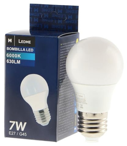 M Ledme - Bombilla Led E27 G45 7W, (Eq. 60W), Luz blanca Fría (6000k), casquillo E27, 630 Lumen, IP20, Apertura del Haz de Luz 270°, Eficiencia energética y Bajo Consumo. LM7006