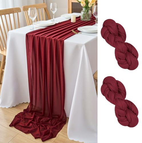 DecorMommt Tischläufer Burgund Chiffon Stoff Tüll Tischläufer Rot Tischdeko Hochzeit Table Runner Weihnachts Tischdecke für Geburtstage Hochzeiten Esszimmer Party Urlaub Deko, 77cmx300 cm 2 Stück