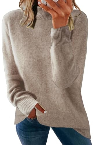 Yutdeng Jersey Mujer Cuello Alto Sueter Mujer Manga Larga Elegante Jersey de Punto Fino Sweater Casual Jersey Pullover Camiseta Cuello Alto Jerséis para Mujer Suéter Invierno Otoño,Caqui,S