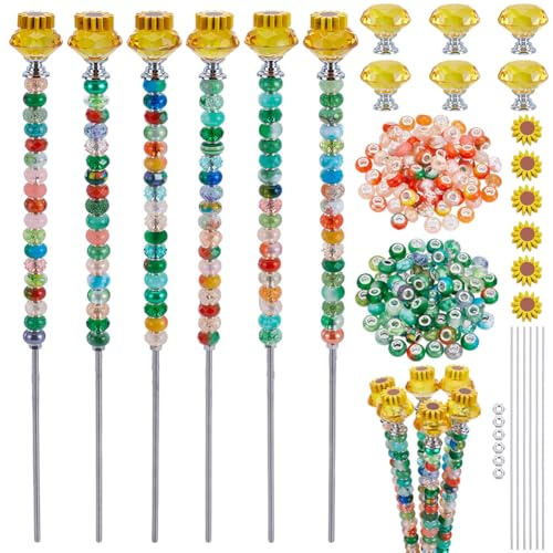 FREEBLOSS 184+STK. Gartenstecker Set Mit Perlen Gartenstecker Dekoratives Feengarten Zubehör DIY Sonnenblumen Perlenstecker Gartendeko Set 6Stk. Kristall Sonnenblumen Stopper Top