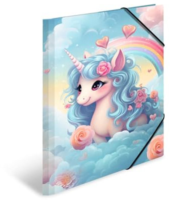 HERMA Sammelmappe A3 Happy Einhorn, Eckspanner-Mappe aus Pappe mit Kindergarten Motiv, Gummizug, Innenklappen und Innendruck für Jungen, Mädchen und Kinder