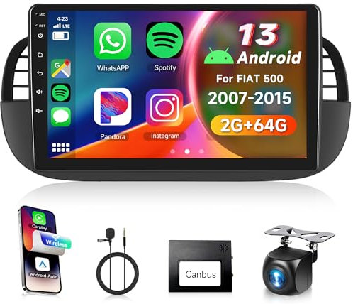 2G+64G Wireless Carplay Android 13 Autoradio 2 Din per FIAT 500 2007-2015 9 Pollici Touchscreen Autoradio con Android Auto GPS Navi WiFi Mirror Link Bluetooth FM/RDS/EQ/USB/SWC Telecamera Posteriore