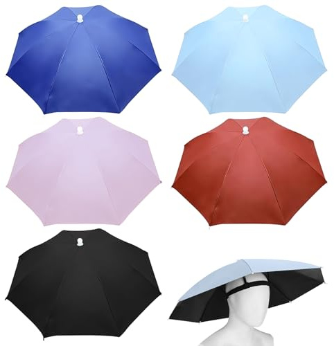 MEGYAD 5 Stück Regenschirm Hut: 69cm Angelschirm mit Elastischem Band Regenschirmhut Faltbarer Regenschirm Hut Erwachsene & Kinder, UV-Schutz Kopf Regenhut Angeln, für Strand Radfahren Angeln