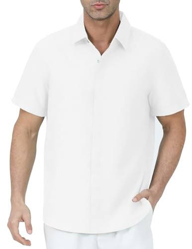 Gavliuu Chemise Homme à Manches Courtes - Boutons Cachés, 30% Linen, 70% Rayon, Semi-Transparent, Blanc Cassé,XXL
