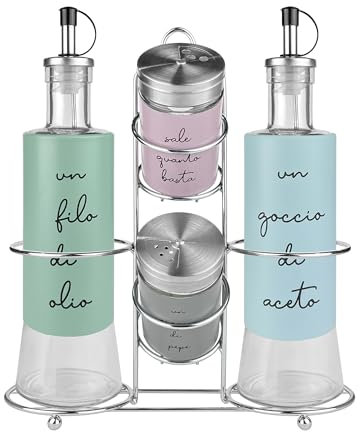 Set Condimento 4 Pezzi Olio Aceto Sale Pepe Vetro Acciaio Certificato Per Alimenti Organizzatore Acciaio Inox Con Stand In Ferro Condimenti Tavola Oliera Saliera Dispenser Organizer Porta Spezie