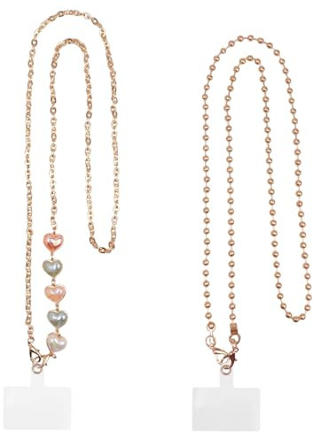 Catena per cellulare dorata, 2 pezzi per cellulare universale per la maggior parte degli smartphone, cinturino per cellulare da appendere la catenina per cellulare a forma di cuore, oro, perle con