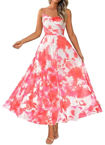 BTFBM Women Summer Floral Maxi Dresses Elegant Spaghetti Strap Dress Printed Party Dress Beach Long Dresses(Floral Light Orange,Small)