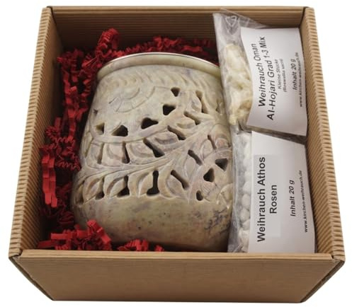 Geschenkset „Jamal“ - Räucherstövchen Speckstein– mit Metallsieb, Metallscheibe, 20 g Premium Weihrauch Al-Hojari & 20 g Weihrauch Athos Rosen – In hochwertiger Geschenkbox mit Räucheranleitung