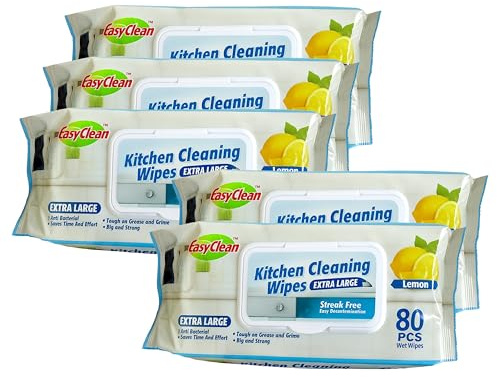EasyClean Extra Large Kitchen Cleaning Wipes – 5 pack(400 counts), Lemon Scented, Anti-Bacterial, Streak-Free, Tough on Grease & Grime, Extra Strong & Quick Decontamination,Perfect for Daily Use