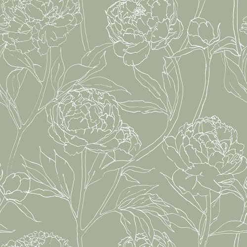 VEELIKE Tapete Blumen Salbeigrün Skizze Pfingstrose Blumentapete Selbstklebende Tapete Vintage Fototapete Blumen Grün Wand Dekoration Schlafzimmer Wohnzimmer Floral Mustertapete 44.5 cm x 300 cm