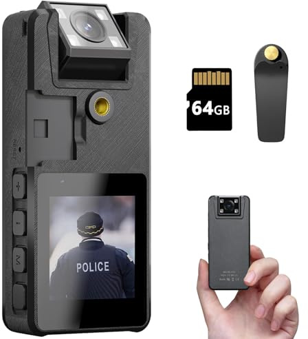 Hoestr 64GB Cámara Corporal, 1296P HD Body CAM (3000mAh) con IR Visión Nocturna y 180 ° Lente Giratoria, Videocámara Camcorder con Audio y Vídeo Ideal para Civiles Personales, Policía Aplicación